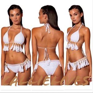 Callie Crochet White Sand Bead Boho Tassel Triangle Top Bikini Medium